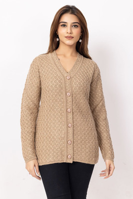 Dodge Self Design V Neck Casual Women Beige Sweater
