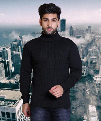 jorden4u Solid, Self Design Turtle Neck Casual Men Black Sweater