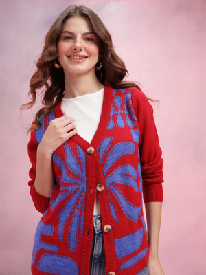 Dressberry Self Design V Neck Casual Women Red Sweater