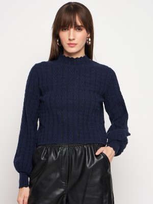MADAME Solid High Neck Casual Women Blue Sweater