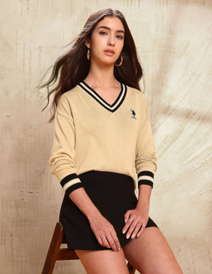 U.S. POLO ASSN. Solid V Neck Casual Women Beige Sweater