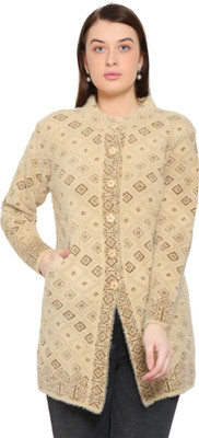 HITTIKA Woven, Printed Collared Neck Casual Women Beige Sweater
