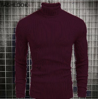 UGLY Striped High Neck Casual Men Maroon Sweater