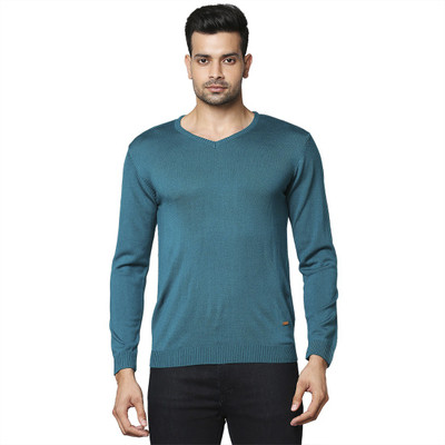 PARK AVENUE Solid V Neck Casual Men Green Sweater
