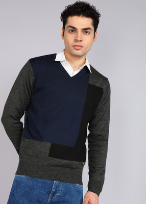 Raymond Self Design V Neck Casual Men Dark Blue Sweater