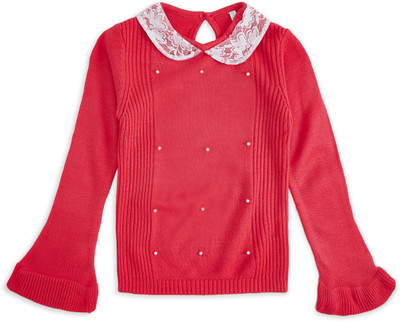 Pantaloons Junior Embellished Collared Neck Casual Girls Pink Sweater