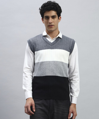 SILVANUS Striped V Neck Casual Men Grey Sweater