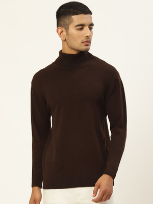 Femea Solid High Neck Casual Men Brown Sweater