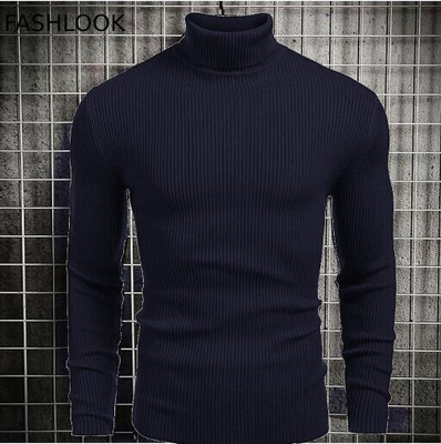 HouseOfCommon Solid High Neck Casual Men Blue Sweater