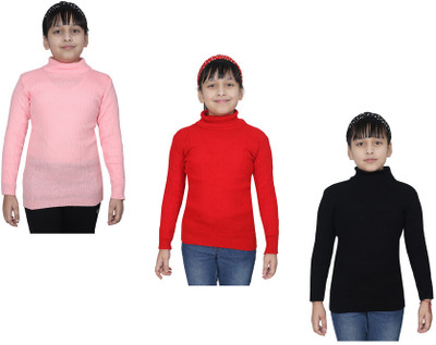 IndiWeaves Solid High Neck Casual Girls Multicolor Sweater