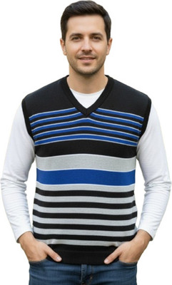 KingsImpex Striped V Neck Formal Men Black Sweater