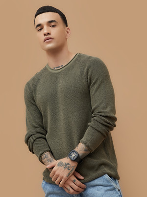Forca by Lifestyle Solid, Self Design Round Neck Casual Men Green Sweater