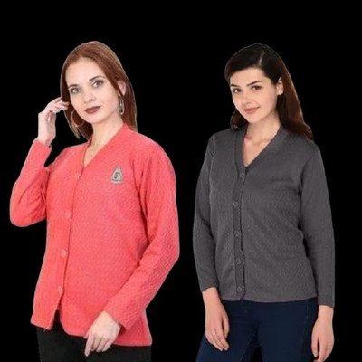 LUXURIOUS DESIGN Self Design V Neck Casual Women Grey, Pink Sweater
