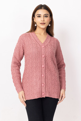 Dodge Self Design V Neck Casual Women Pink Sweater