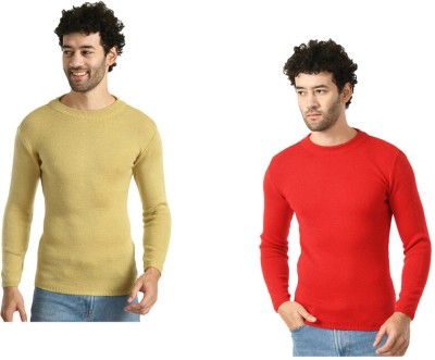 IndiWeaves Solid Round Neck Casual Men Beige, Red Sweater