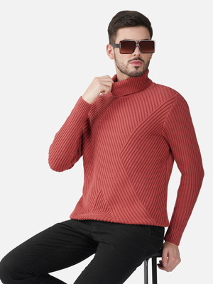 Joe Hazel Self Design Turtle Neck Casual Men Red Sweater