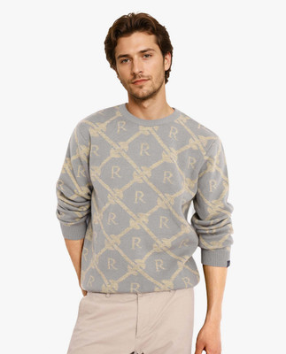 RARE RABBIT Printed Crew Neck Casual Men Grey Sweater