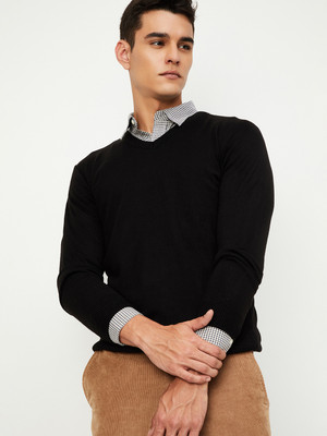 MAX Self Design V Neck Casual Men Black Sweater