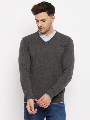 DUKE Solid V Neck Casual Men Grey Sweater