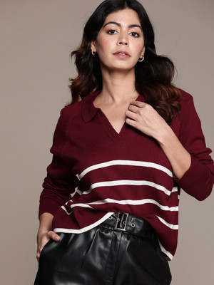 Roadster Woven Collared Neck Casual Women Maroon Sweater