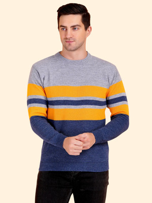 GLAUCUS Striped Round Neck Casual Men Blue Sweater