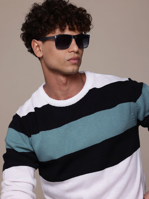 Roadster Striped Round Neck Casual Men White Sweater