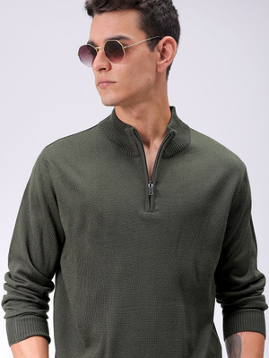 The Indian Garage Co. Solid High Neck Casual Men Green Sweater