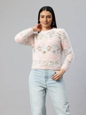 PIERRE CARLO Self Design Round Neck Casual Women Pink Sweater