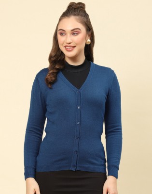 MONTE CARLO Solid V Neck Casual Women Blue Sweater