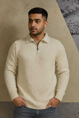 Maksa Self Design Collared Neck Casual Men Beige Sweater
