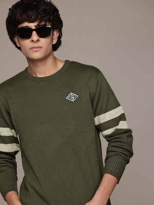 Roadster Solid Round Neck Casual Men Green Sweater