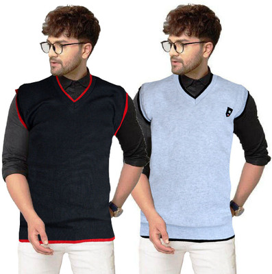 Shunit creation Self Design V Neck Casual Men Black, White Sweater