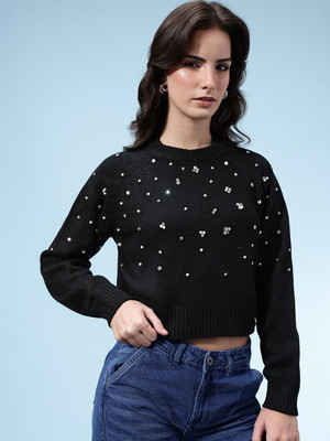 Glitchez Geometric Print Round Neck Casual Women Black Sweater