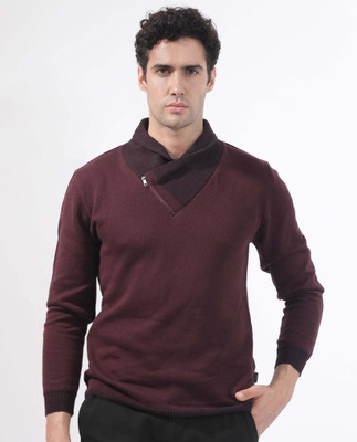 RARE RABBIT Solid High Neck Casual Men Brown Sweater