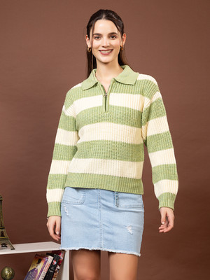 Mast & Harbour Colorblock Collared Neck Casual Women Green Sweater