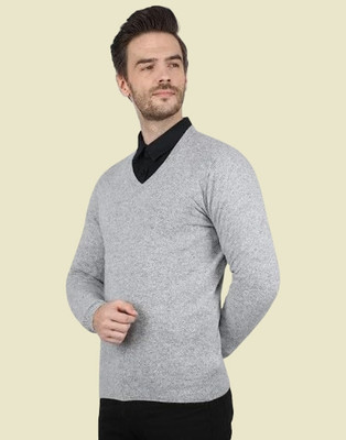 GAINELL Solid V Neck Casual Men Grey Sweater