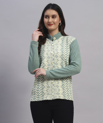 SYDNEY HILLS Printed Mandarin Neck Casual Women Light Green Sweater