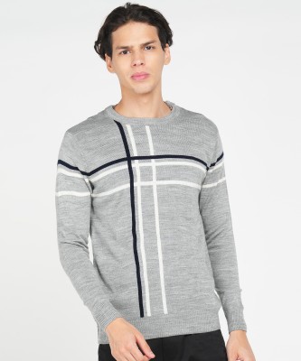 NUMERO UNO Striped Round Neck Casual Men Grey Sweater