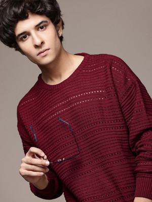 Roadster Self Design Round Neck Casual Men Maroon Sweater