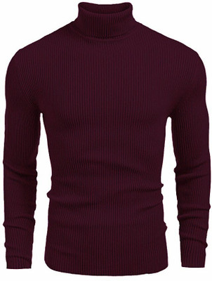 HouseOfCommon Solid High Neck Casual Men Maroon Sweater