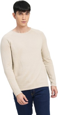 JACK & JONES Solid Round Neck Casual Men Beige Sweater