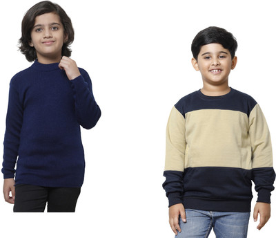 TBMANIA Solid Round Neck Casual Boys Blue, Beige Sweater