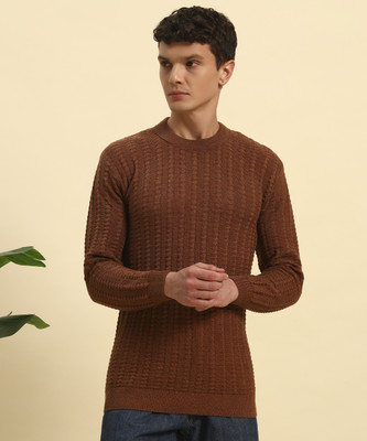 HERMISTON Self Design Round Neck Casual Men Brown Sweater
