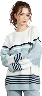 WAY TO TRENDY Striped Round Neck Casual Women Light Green Sweater