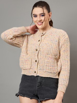 KASMA Self Design Round Neck Casual Women Beige Sweater