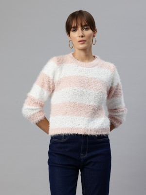 PIERRE CARLO Striped Round Neck Casual Women Pink Sweater