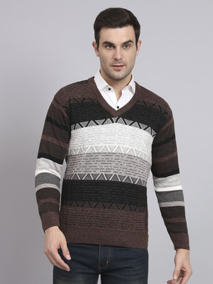 eWools Colorblock V Neck Casual Men Brown Sweater