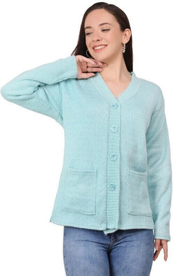 manra Solid V Neck Casual Women Blue Sweater