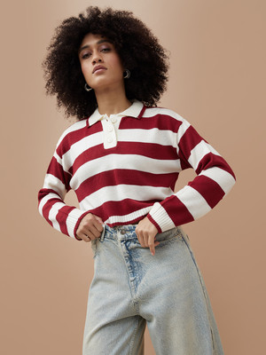Ginger by Lifestyle Striped Collared Neck Casual Women Red Sweater