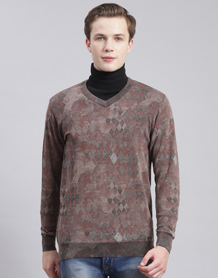 MONTE CARLO Woven V Neck Casual Men Brown Sweater